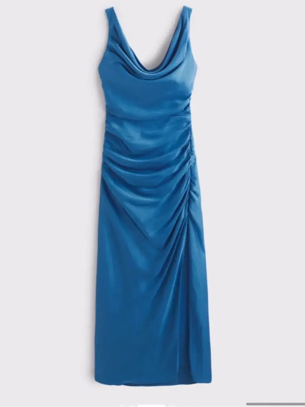 A&F Cowl Neck Draped Ruched Satin Maxi Dress - Dutch Blue MT